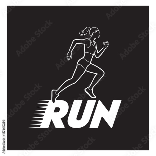 Dynamic white outline of a female athlete in motion running with the word run stylized with motion blur effect on a black background