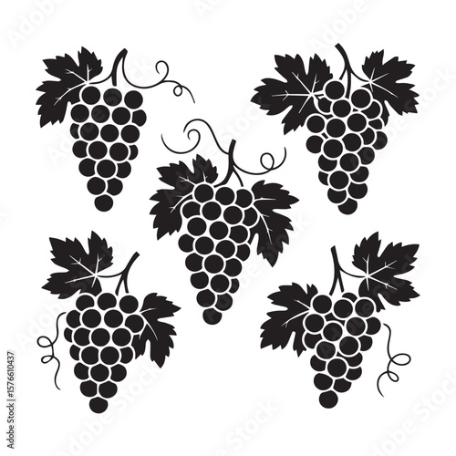 A collection of five stylized black silhouette grape clusters with leaves and tendrils against a clean white background