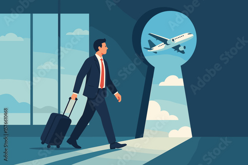 Air travel and tourism hope. Reopening concept. Businessman with luggage walks in airport. Vector of man looking at keyhole with airplane flying. Future opportunity.