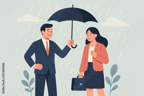 Leadership altruism concept. Businessman with umbrella protects employee from rain. Metaphor for team support, empathy, care, security. Selfless manager helping colleague.