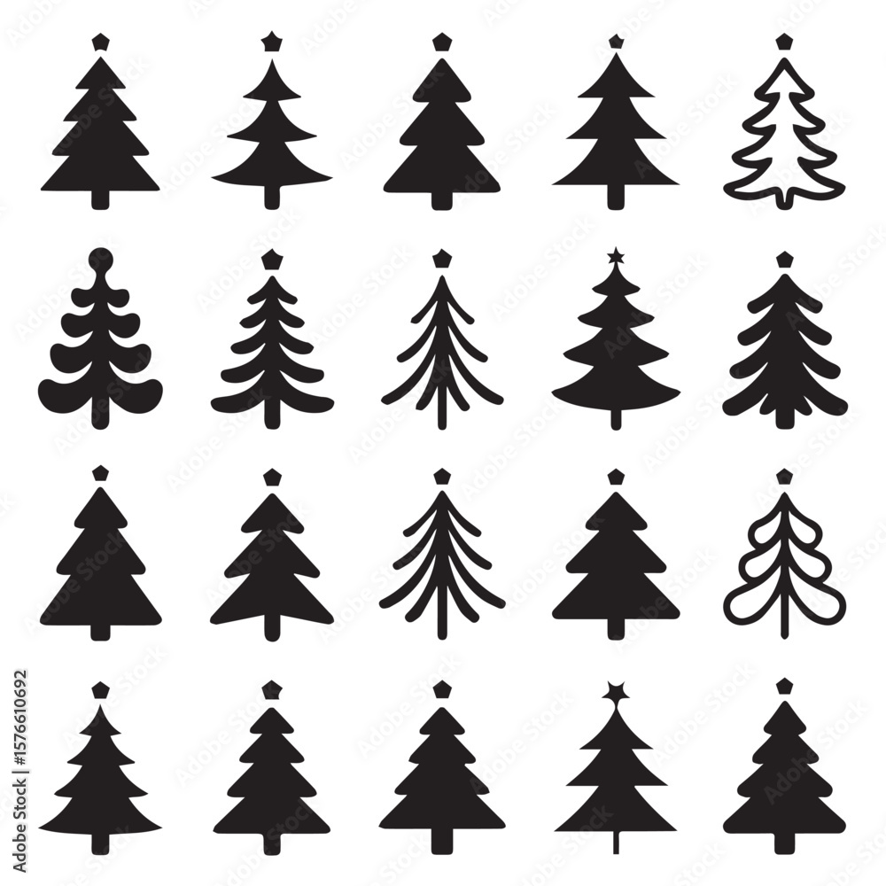 Obraz premium Collection of diverse black silhouette christmas trees with various styles and shapes including traditional stylized and decorative designs on a white background
