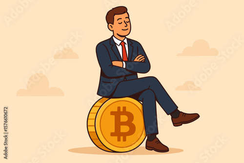 Bitcoin hodl concept. Cryptocurrency long term investment. Calm businessman investor sitting on a golden coin. Financial freedom and success. Blockchain technology wealth.