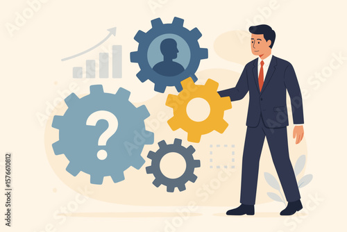 Business solution for problem solving. Businessman with gears metaphor for strategy, management, and success. Leadership, expertise, and skill to drive growth and development.