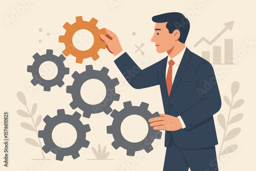 Metaphor for business solution and strategy. Businessman puts gear in place. Concept of leadership, expertise, and skill to drive success and growth. Teamwork connection.