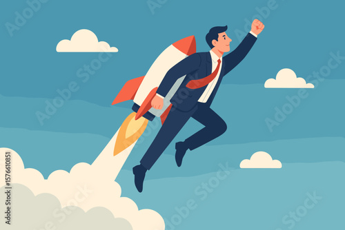 Business takeoff and success concept. Businessman with rocket booster flying up to the sky. Metaphor for startup launch, career boost, ambition, leadership and innovation.