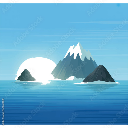Serene arctic landscape featuring snow capped mountains and rocky islands emerging from the calm blue ocean under a bright sun