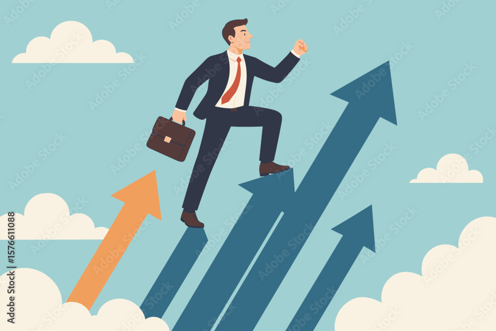 Businessman moving forward on growing arrows. Business success and career growth concept. Metaphor for ambition, leadership, motivation, improvement, progress, and achievement. Businessman moving forward on growing arrows. Business success and career growth concept. Metaphor for ambition, leadership, motivation, improvement, progress, and achievement.