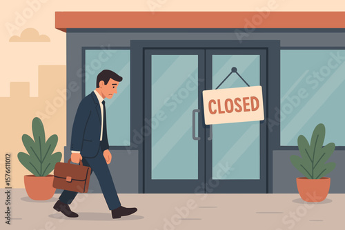 Business closure concept with sad unemployed man leaving his closed office. Store going out of business metaphor. Bankruptcy, financial crisis, recession, job loss illustration.