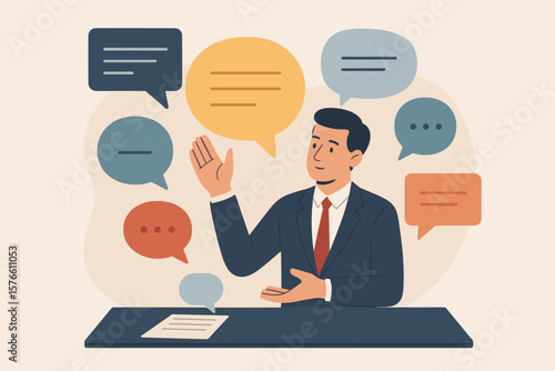 Communication management and PR concept. Public relations manager or spokesperson handling public comments, social criticism, and feedback during a discussion or meeting.