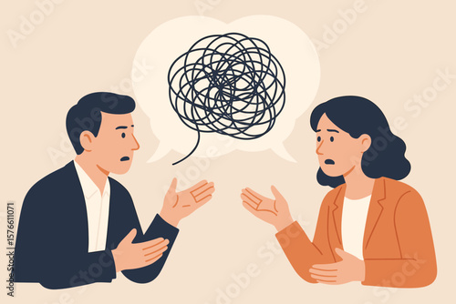 Communication problem, misunderstanding, confusion concept. Conflict of opinion, difficult discussion, messy conversation. Business man and woman with tangled chaos thoughts.