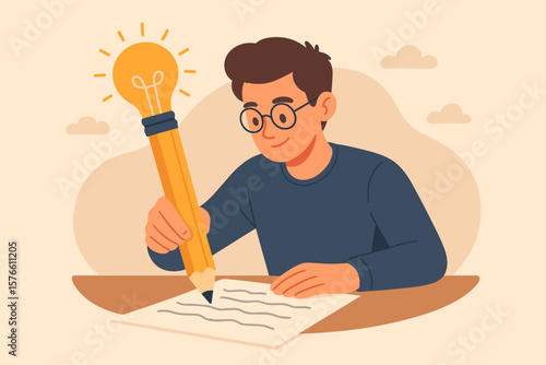 Creative idea, inspiration for writing. Copywriter, blogger, student or author with pencil lightbulb. Metaphor for imagination, innovation, solution, storytelling, knowledge.