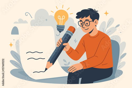 Creative idea and inspiration. Copywriter, blogger, writer at work. Man with big pencil writing on paper. Imagination, talent, skill for success. Storytelling concept vector.