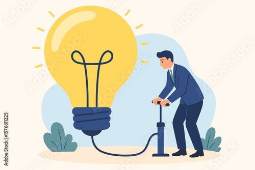 Create new idea, creativity, innovation to solve problem. Idea development or invention. Imagination or motivation to think about solution. Businessman pumps up lightbulb.