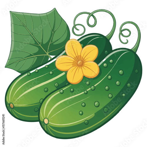 Two fresh green cucumbers with bumpy skin and light stripes adorned with a yellow flower and a curling vine with a leaf