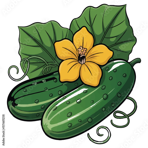 Two fresh green cucumbers with bumpy skin are shown with a bright yellow cucumber flower and green leaves on a white background