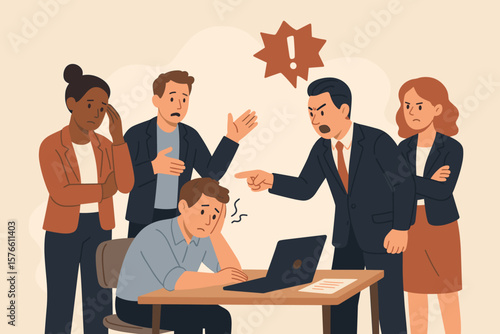 Workplace conflict with angry boss yelling at employee. Bullying and harassment at work. Toxic environment. Stress, pressure and problem with manager. Difficult colleagues.