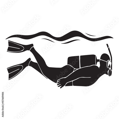 Silhouette of a scuba diver with fins and oxygen tank swimming underwater with wavy water surface above