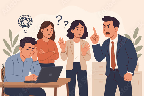 Workplace conflict with angry boss yelling at employees. Stressed, frustrated business people. Difficult, toxic work environment. Bad communication, argument, and pressure concept.