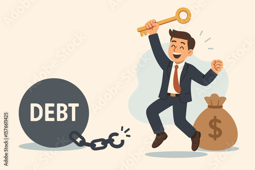 Debt free concept. Financial freedom from paying off loans or mortgage. Solution to solve financial problems. Businessman with key to success breaking free from debt chain.