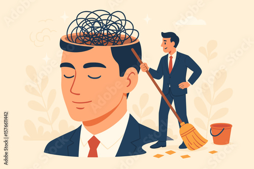 Metaphor for decluttering the mind. Businessman cleaning tangled chaos from a big head. Concept for mental health, psychology, focus, creative thinking, and wellness.
