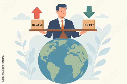 Demand vs supply balance. World economic supply chain problem. Market pricing model. Businessman on globe holds seesaw. Inflation, deflation, and global trade metaphor.
