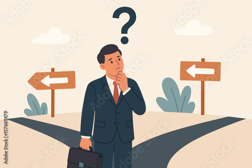 Businessman at crossroads making a career choice. Concept of doubt, confusion, and uncertainty. Business decision, problem-solving, and finding the right direction.