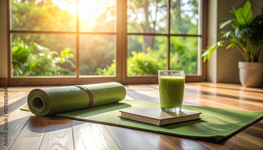 Fototapeta premium Yoga mat and green smoothie on wooden floor by sunny window in calm home setting