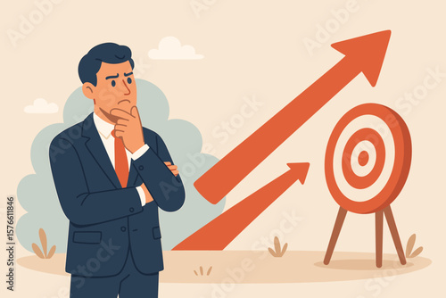 Businessman Facing Existential Crisis, Searching for Purpose, Motivation, and Objective to Achieve Goals, Defining Business Target, Overcoming Challenge, Confused Decision Concept