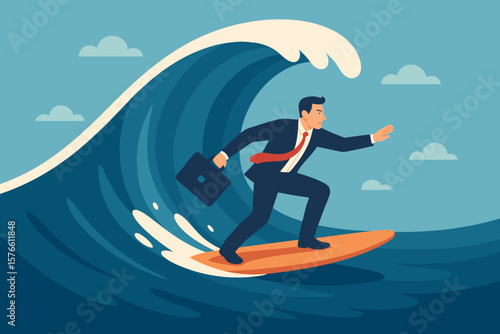 Businessman surfing giant wave with briefcase, symbolizing career growth, overcoming challenges, adapting to business trends, professional success, leadership, risk management