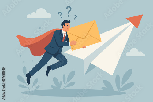 Businessman in Suit with Red Cape Holding Envelope Flying on Paper Airplane, Confused, Searching for Purpose, Motivation, Goal Achievement, Existential Crisis, Target Challenge Concept