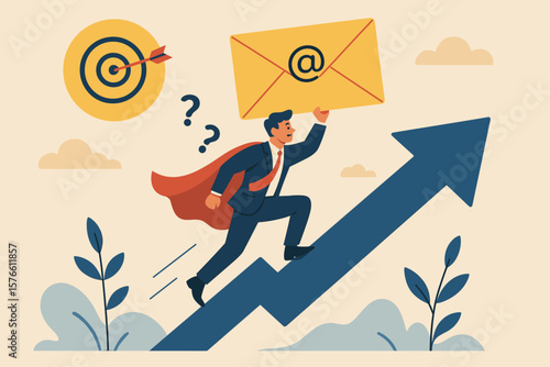 Businessman in Suit with Cape Holding Email Envelope Climbing Arrow, Targeting Goals, Motivation, Purpose, Existential Crisis, Defining Business Objective, Confusion Concept