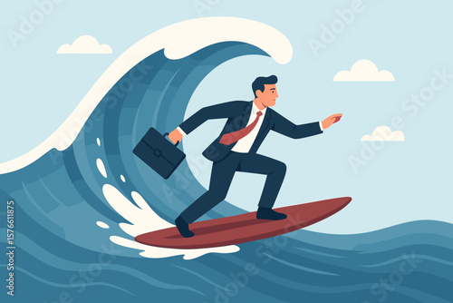 Businessman surfing big wave with briefcase, concept of adapting to business trends, overcoming challenges, career growth, leadership, professional success, risk management