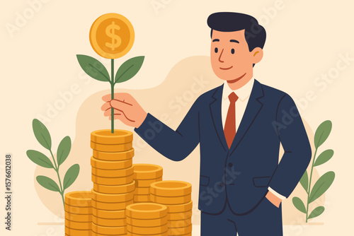 Businessman investor nurturing financial growth, earning profit from savings, mutual funds, wealth management, investment opportunity, prosperity, money plant, economic success