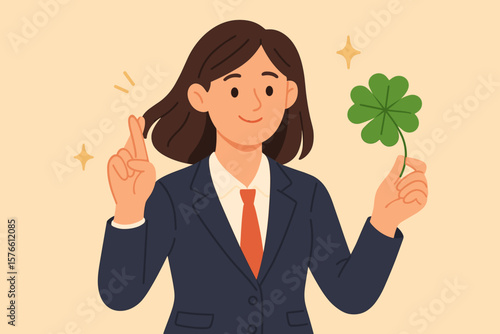Lucky businesswoman with crossed fingers holding four-leaf clover, wishing for success, career opportunity, good fortune, happiness, hope, positive mindset, luck at work concept