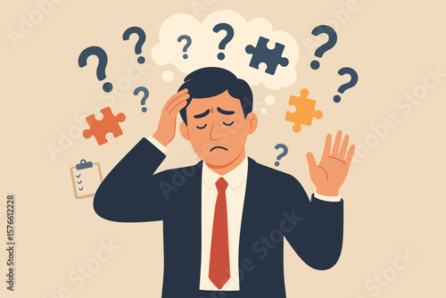 Memory loss confusion concept, businessman forgets tasks, cognitive impairment, dementia, brain fog, checklist, question marks, puzzle pieces, mental health problem illustration