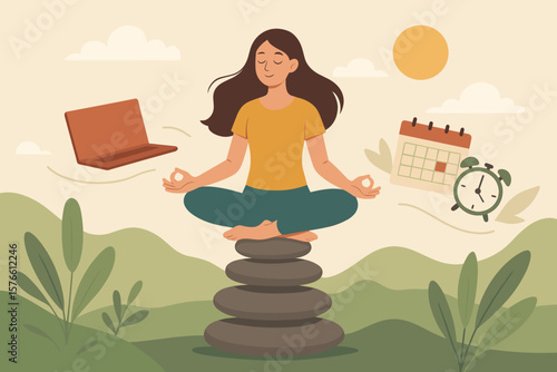 Mindfulness meditation for work life balance, mental health healing, relaxing yoga, stress relief, peaceful woman meditating outdoors, time management, wellness, tranquility