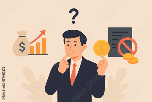 Businessman financial decision making, investment versus debt repayment dilemma, profit growth, money management, choosing best option, financial planning, question concept