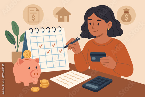 Financial planning and budgeting concept. Woman managing monthly expenses, paying bills, calculating savings, credit card payment, debt, mortgage, investment, money management