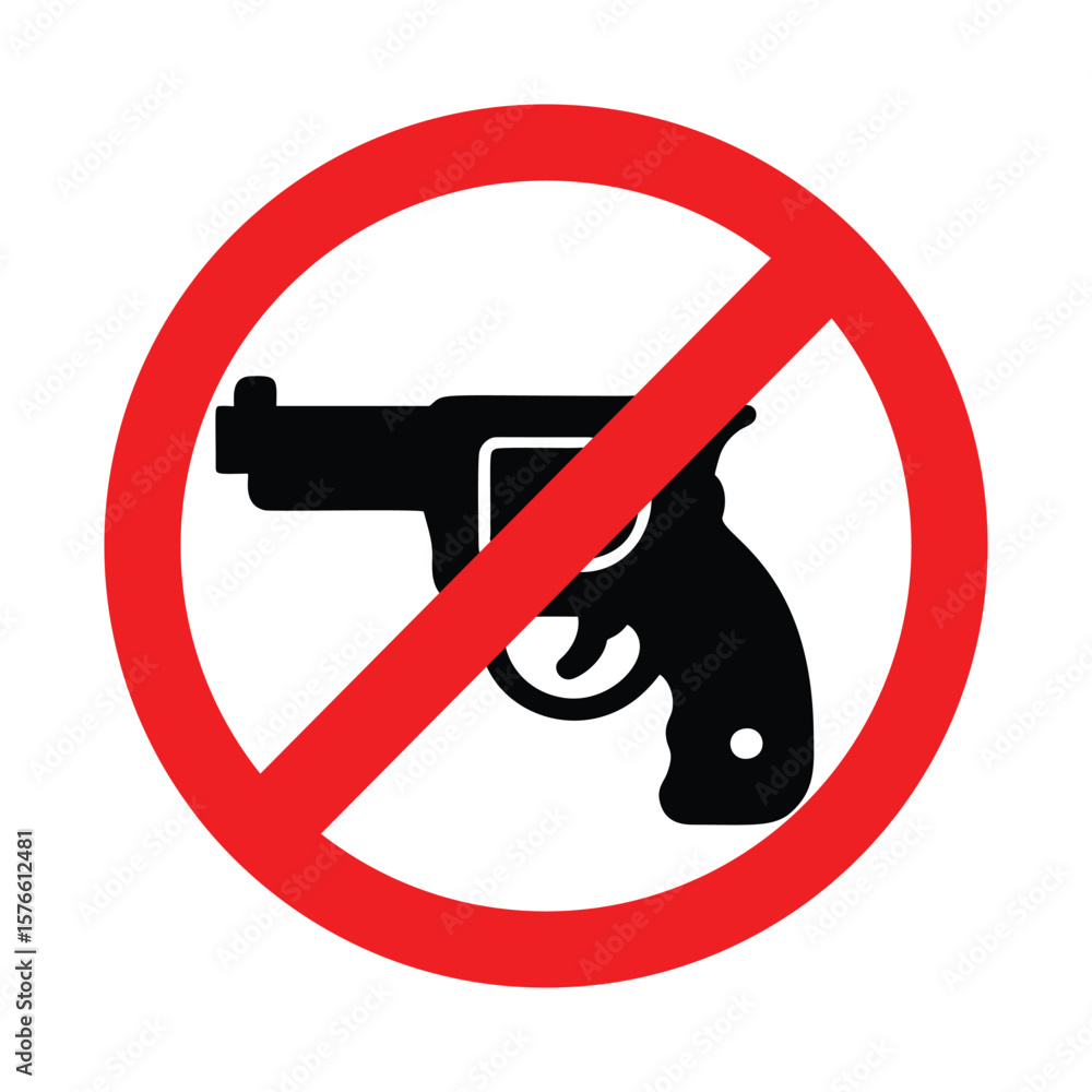 No guns allowed symbol with handgun silhouette inside red prohibition circle No guns allowed symbol with handgun silhouette inside red prohibition circle