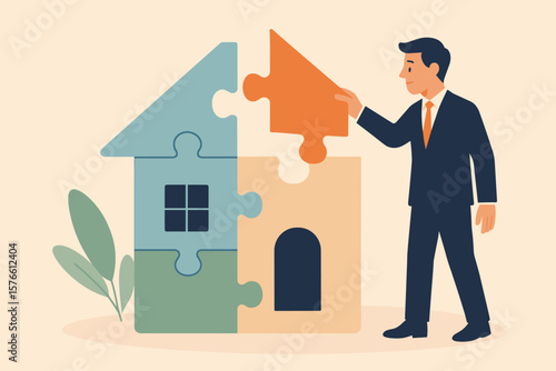Real estate investment, mortgage loan planning, home buying process, renovation, property maintenance, insurance, businessman assembling house puzzle, financial decision concept