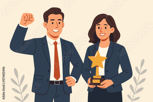 Business professionals celebrating achievement, office man and woman in suits with star trophy, employee recognition, career success, workplace award, leadership, teamwork concept