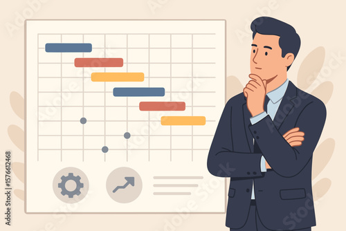 Project timeline schedule planning, resource allocation, workflow management, business development plan, product launch deadline, Gantt chart, businessman project manager concept