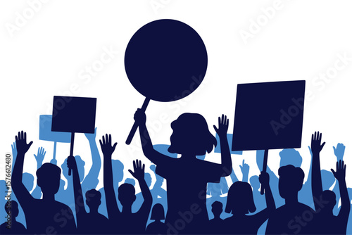 Silhouette of crowd protesting with raised hands and placards during political demonstration or social movement