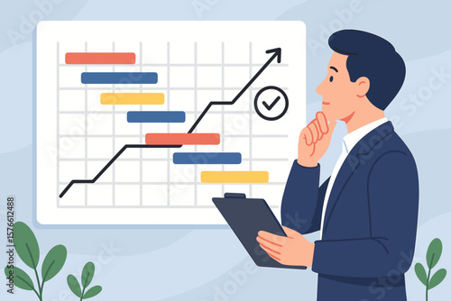 Business project management timeline, workflow schedule planning, resource allocation, Gantt chart, development plan, deadline tracking, product launch, businessman analysis