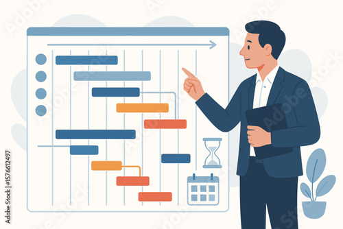 Businessman Project Manager Presenting Gantt Chart Project Timeline, Resource Planning, Workflow Schedule, Task Management, Development Plan, Deadline, Productivity Concept