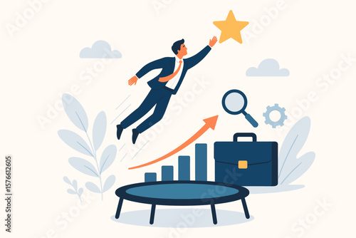 Businessman bouncing on trampoline reaching star, career success, goal achievement, business growth, improvement, motivation, leadership, opportunity, professional development