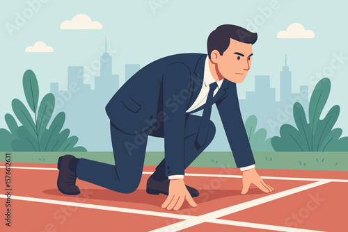 Confident businessman in suit at starting line on running track, ready to start business, career, new job or project, motivation, ambition, preparation, focus, success concept