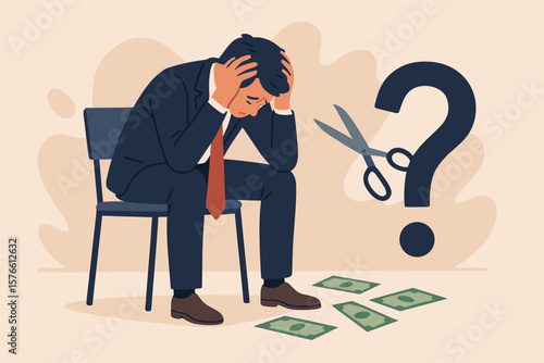 Stressed businessman holding head in hands, financial loss, business mistake, regret, anxiety, depression, failure, losing money, budget cut, frustration, crisis, problem