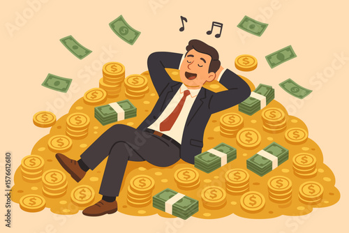 Successful businessman relaxing on pile of gold coins and cash, financial independence, investment profit, FIRE, wealth, rich happy entrepreneur, money, luxury lifestyle
