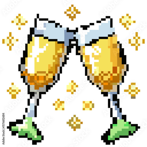 Pixel art icon of two clinking champagne glasses, isolated